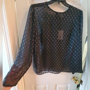 NWT a new day Women's XXL Black w/Gold Clip Dot Sheer Blouse Long Sleeve Keyhole